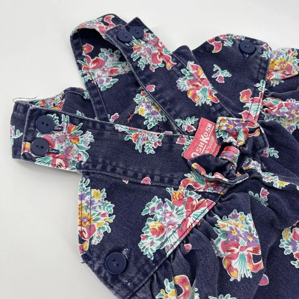 VTG OshKosh B’gosh Baby Girls 12M Floral Denim Overalls Blue Vestbak Made USA